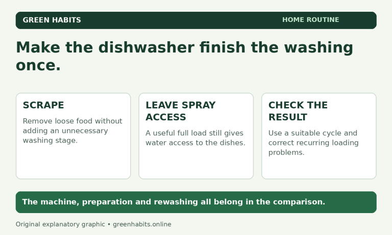 Dishwasher water-saving routine with full loads and no pre-rinsing