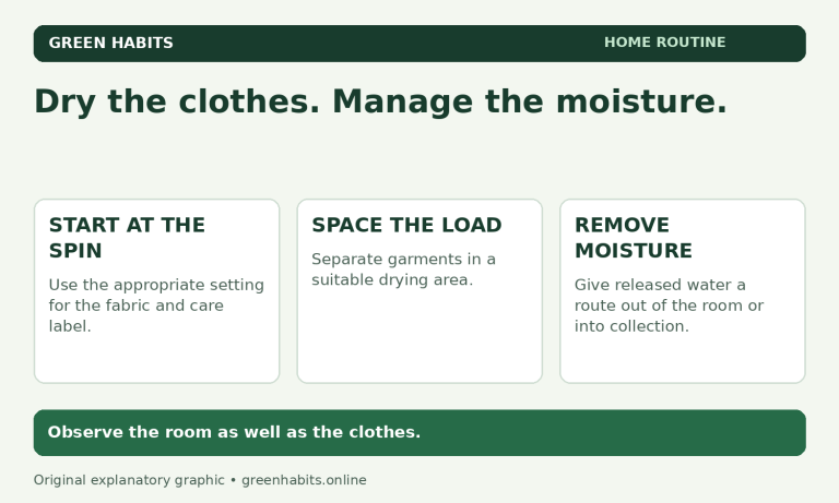 Indoor laundry drying guide showing ventilation and humidity checks